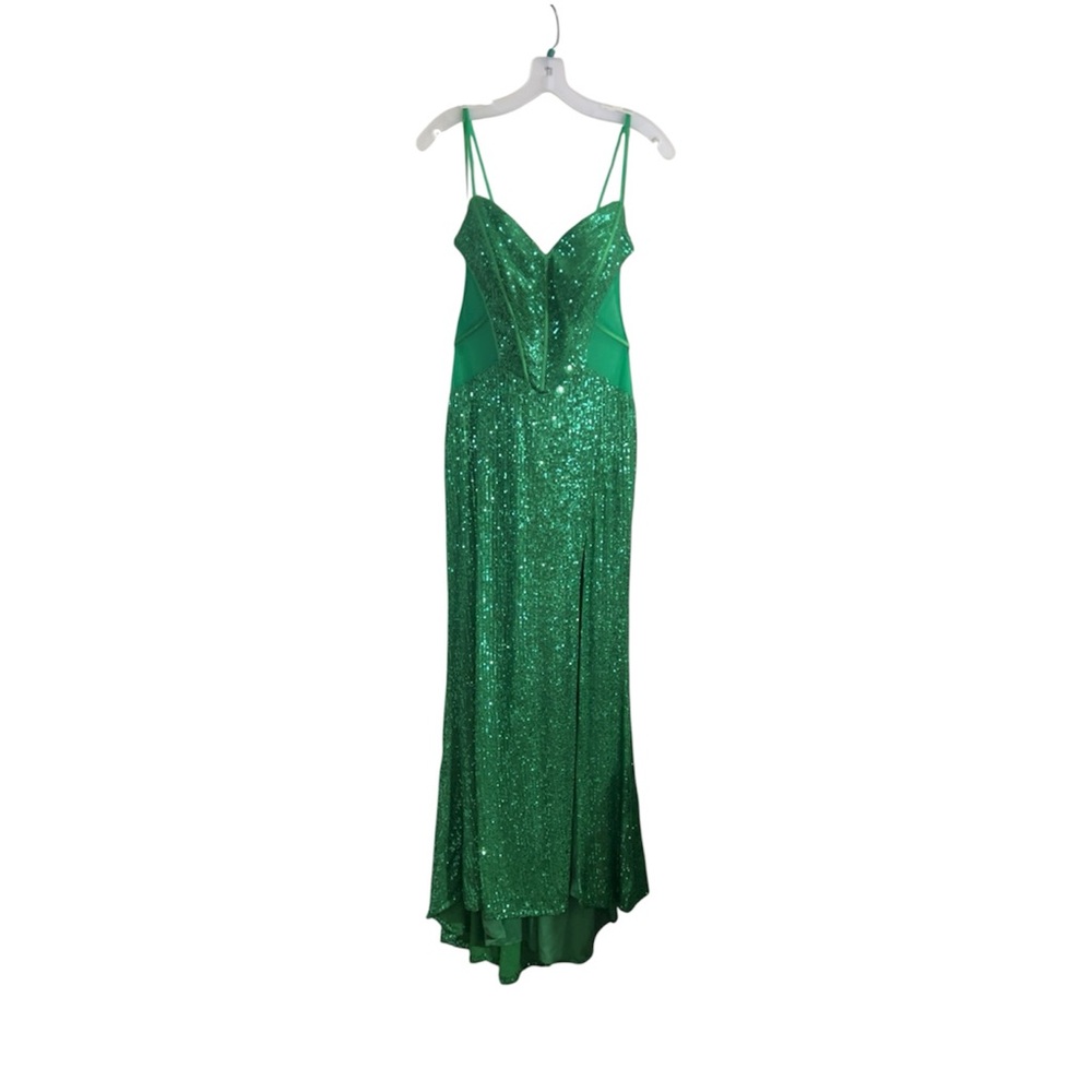 Dave & Johnny Green Shiny Sequin Formal Gown